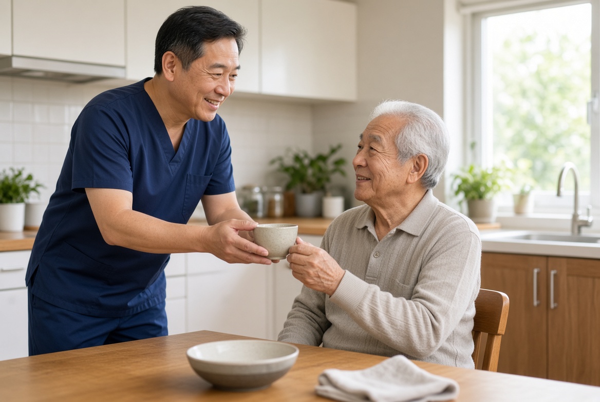 A caregiver serving tea to an older man at his kitchen table