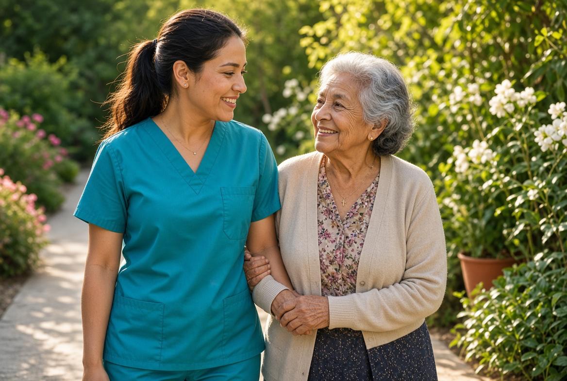 A caregiver in teal walking arm in arm with a smiling older woman through a garden